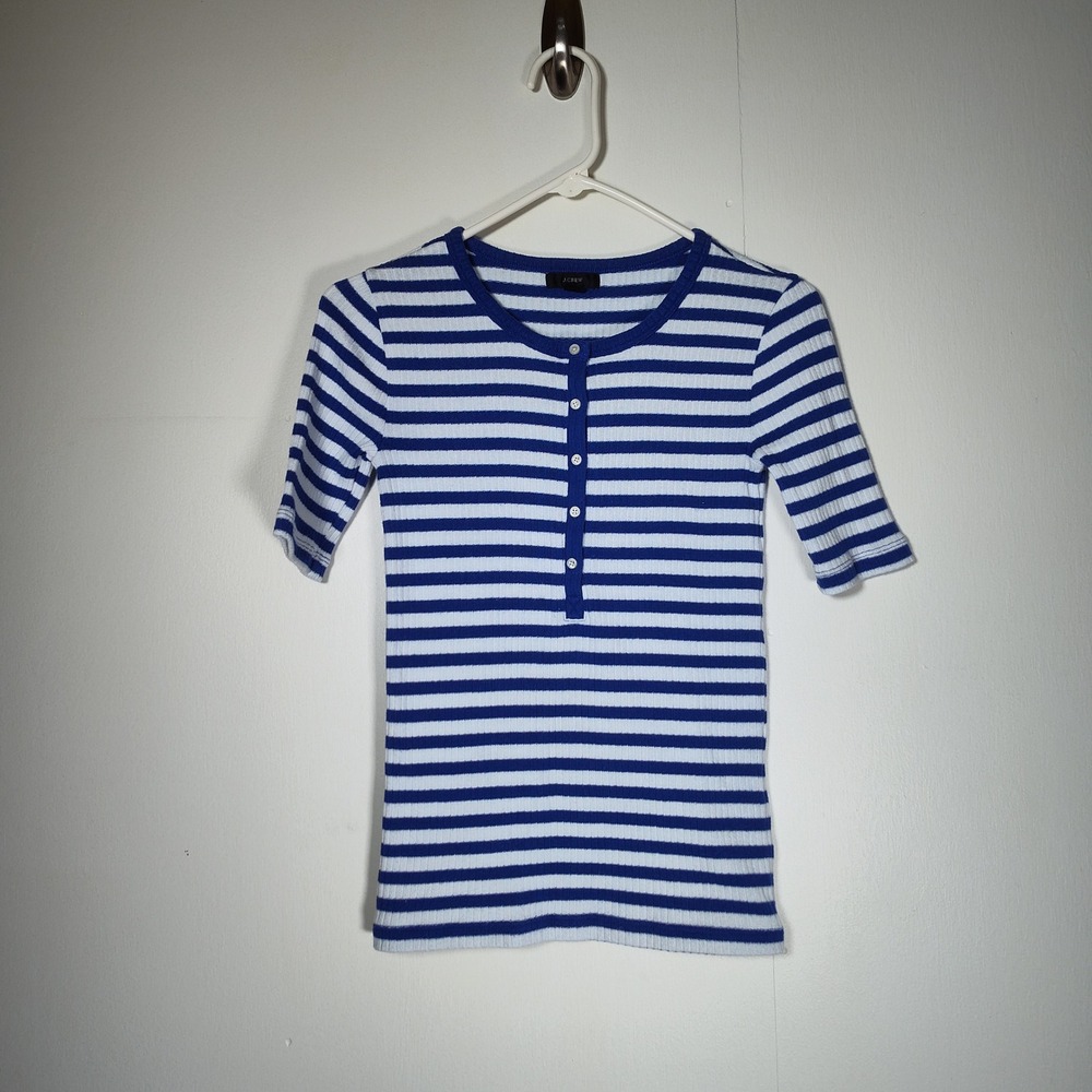 J.Crew Womens Blue White Striped Ribbed Henley Short Sleeve Top Fitted AN189 XXS
